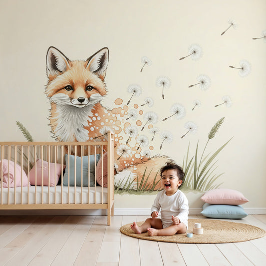 Kids-Mundo fox and dandelion wall mural styled as a calm focal point in a nursery