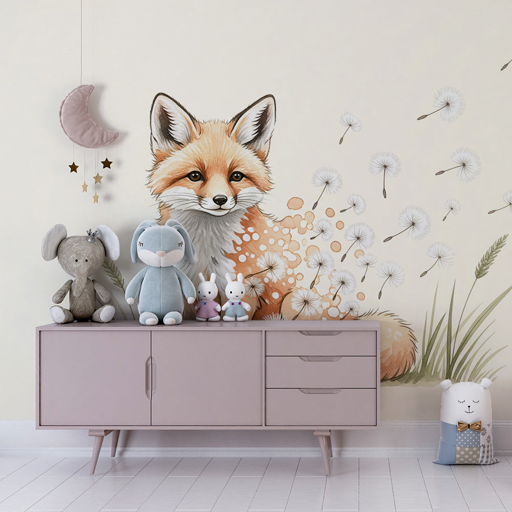 Kids-Mundo whimsical fox mural adding a dreamy dandelion scene to a playroom wall