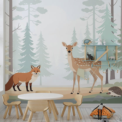 Kids-Mundo fox, deer and hedgehog wall mural covering a wall in a nature-themed kids bedroom