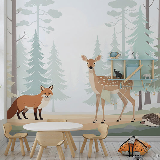 Kids-Mundo fox, deer and hedgehog wall mural covering a wall in a nature-themed kids bedroom