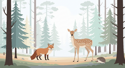 Kids-Mundo flat artwork of a fox, deer and hedgehog meeting in a forest wall mural design