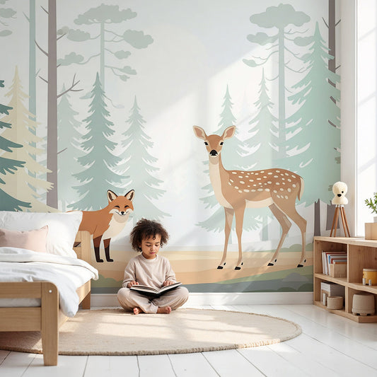 Kids-Mundo fox and deer forest wall mural made to measure on a woodland nursery feature wall