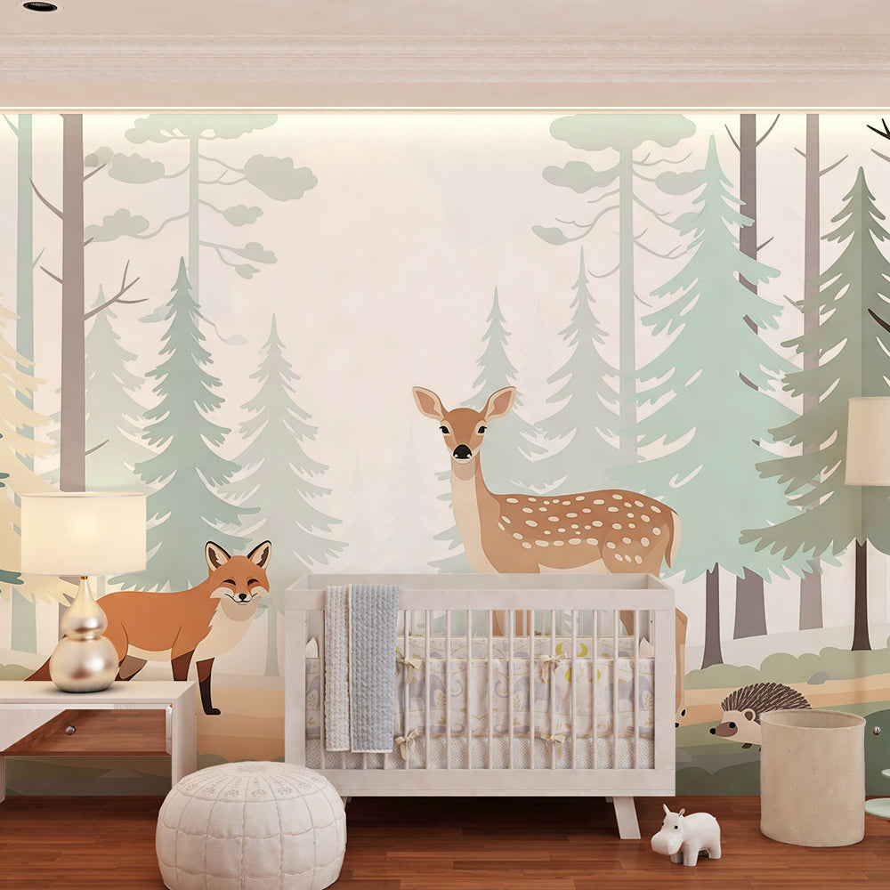 Kids-Mundo woodland animals wall mural fitted along a calm children's playroom wall