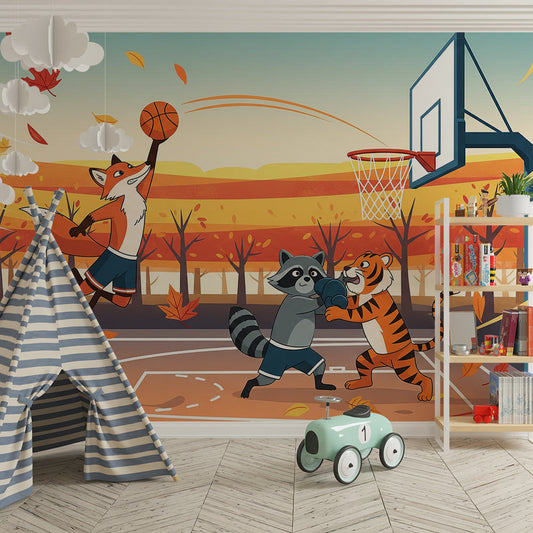 Kids-Mundo fox, raccoon and tiger basketball wall mural styled on a kids bedroom feature wall
