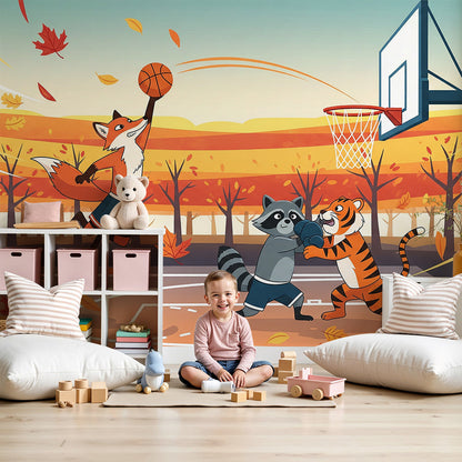 Kids-Mundo fox slam dunk autumn basketball wall mural shown behind a cot in a nursery