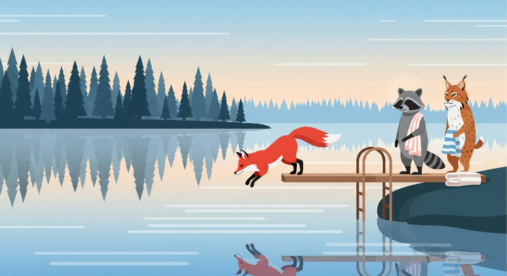 Kids-Mundo flat artwork preview of the fox, raccoon and lynx twilight lake mural design.