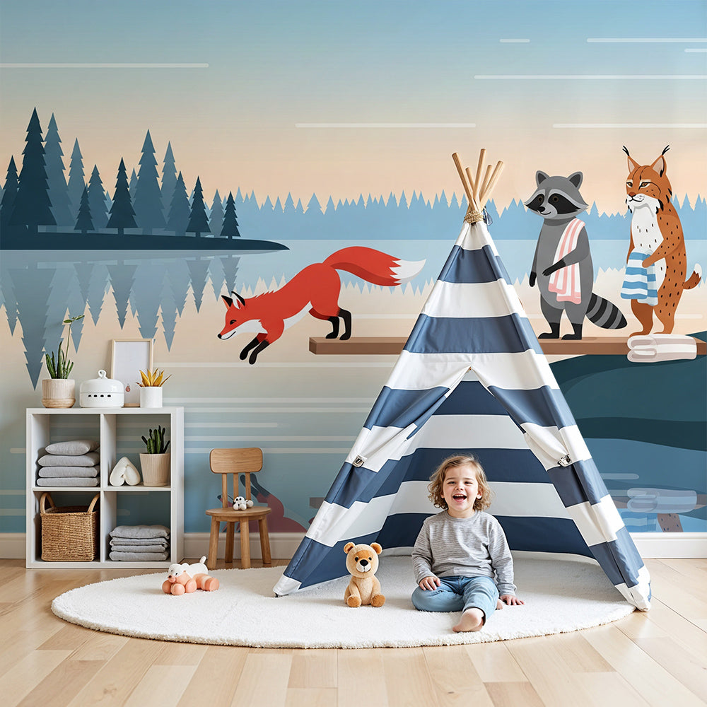 Kids-Mundo twilight fox and lake wall mural styled behind a cot in a calm pastel nursery.