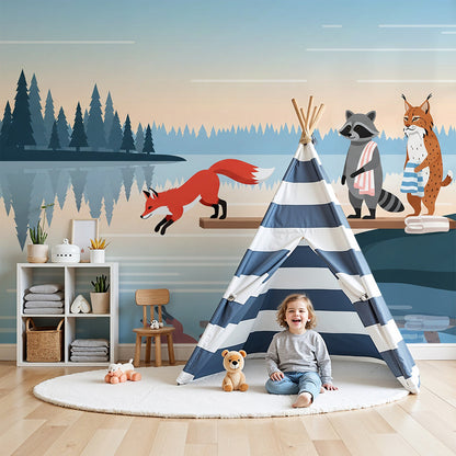 Kids-Mundo twilight fox and lake wall mural styled behind a cot in a calm pastel nursery.