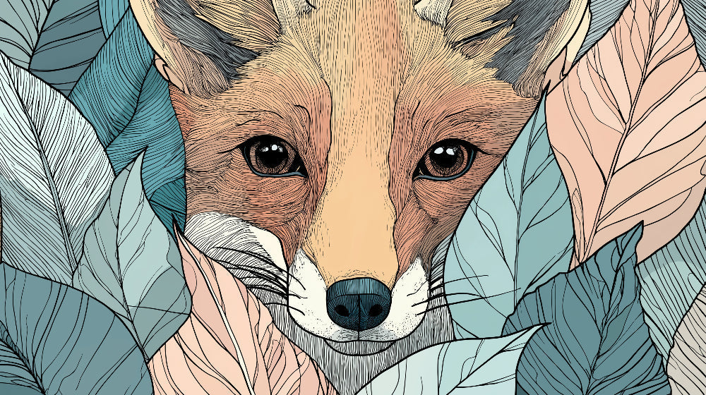 Detailed fox face mural wallpaper design pattern with botanical leaves by Kids-Mundo