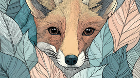 Detailed fox face mural wallpaper design pattern with botanical leaves by Kids-Mundo