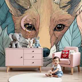 Fox face mural wallpaper with botanical leaves creating magical nursery decor by Kids-Mundo