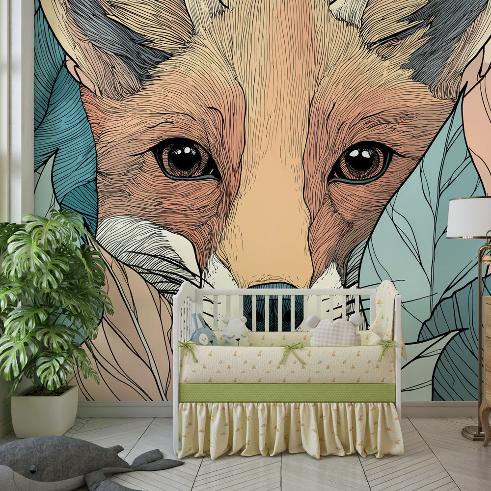 Delicate fox and leaves mural wallpaper transforming children's playroom into forest sanctuary