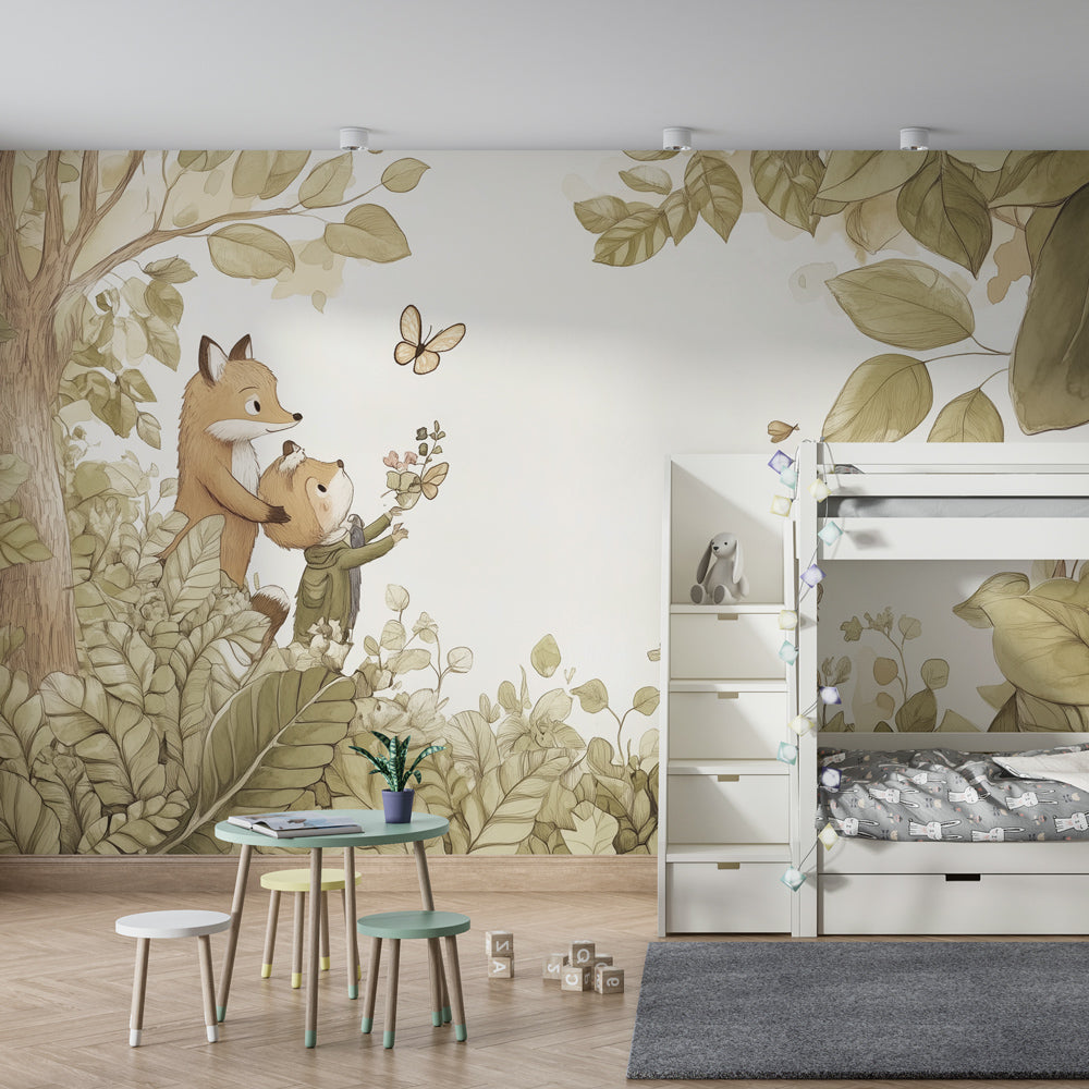 Kids-Mundo fox family forest wall mural on a gentle feature wall in a child's bedroom.