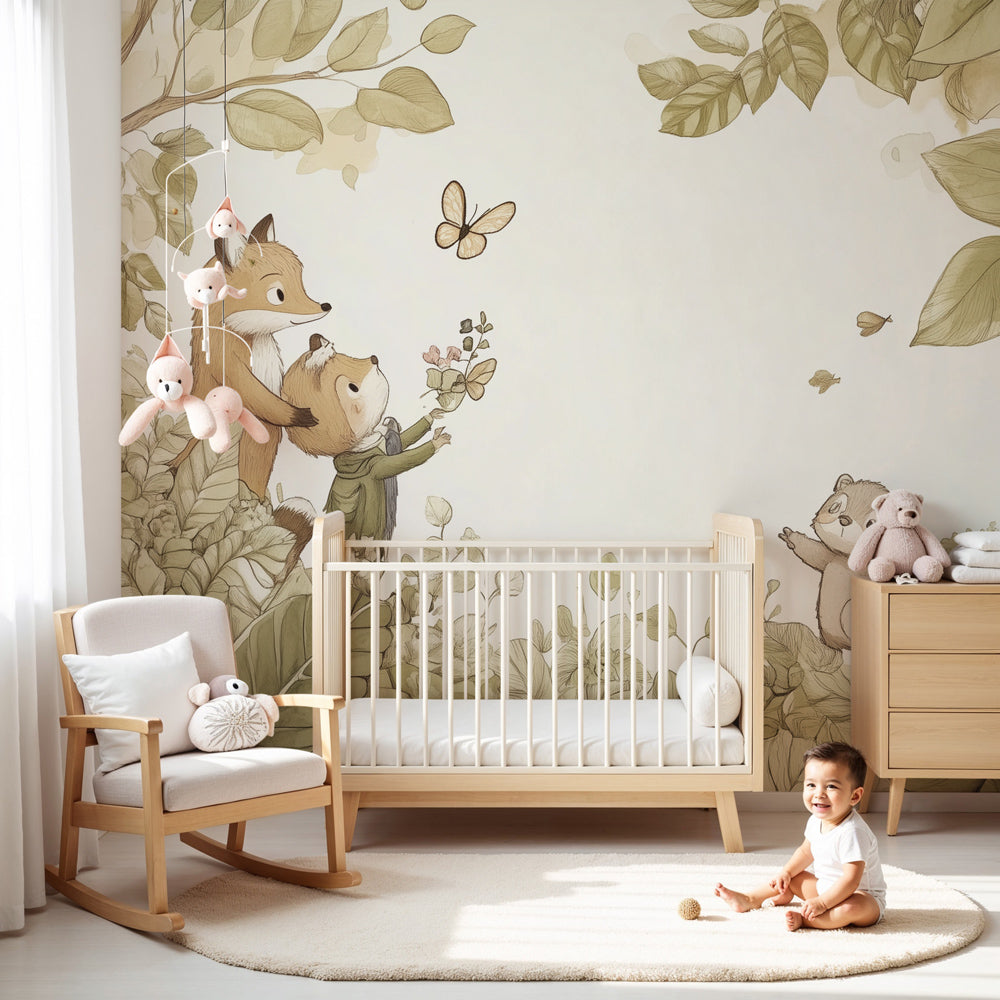 Kids-Mundo fox family wall mural set in an enchanted forest in a soft, storybook nursery room.