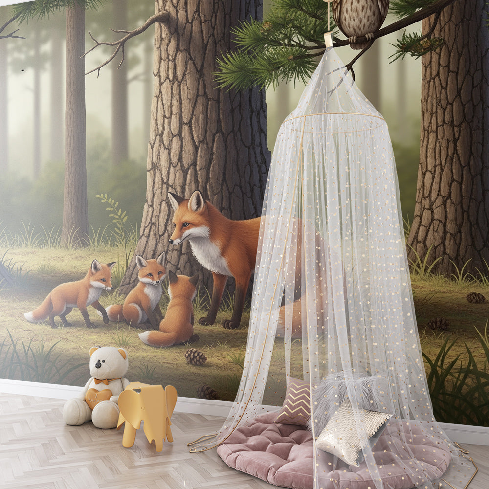 Kids-Mundo fox family and owl mural decorating a cosy child's bedroom wall
