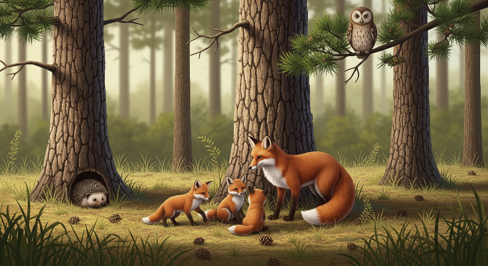 Kids-Mundo flat artwork of a fox family, hedgehog and owl in a sunlit forest scene