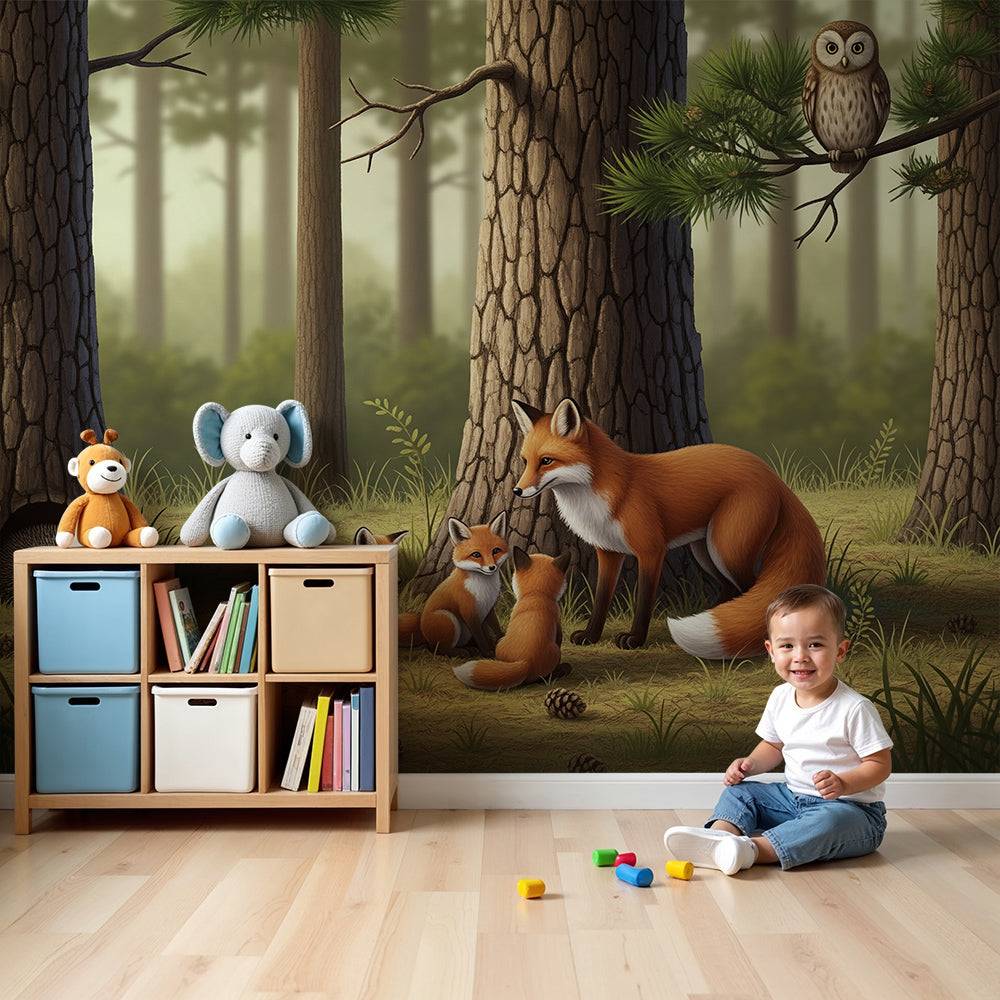 Kids-Mundo fox family wall mural with cubs and a hedgehog styled in a warm nursery