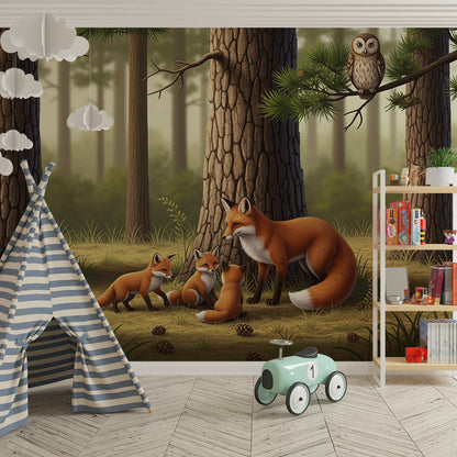 Kids-Mundo woodland fox family mural bringing playful cubs into a children's playroom
