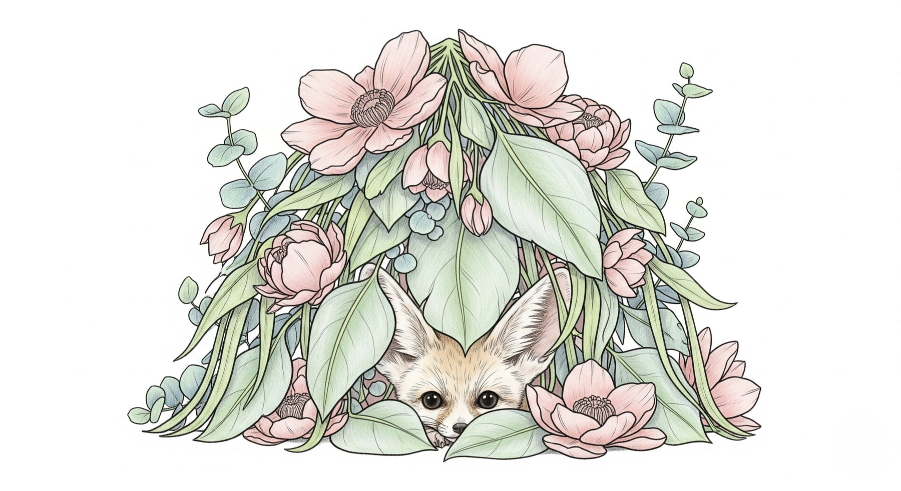 Detailed fox and flowers mural wallpaper design pattern with pastel blooms by Kids-Mundo