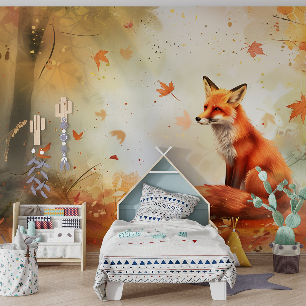 Contemplative fox autumn forest wallpaper transforming children's bedroom into woodland sanctuary