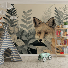 Enchanted woodland fox wallpaper creating magical kids bedroom atmosphere with soft lighting