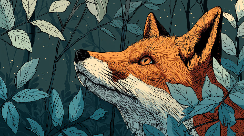 Detailed fox forest mural wallpaper design pattern showing curious woodland fox with magical leaves by Kids-Mundo