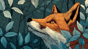 Detailed fox forest mural wallpaper design pattern showing curious woodland fox with magical leaves by Kids-Mundo
