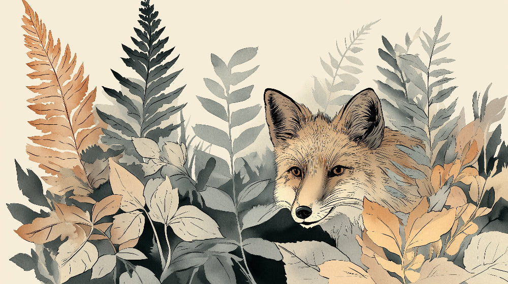 Detailed fox and foliage mural wallpaper design pattern showing woodland illustration by Kids-Mundo