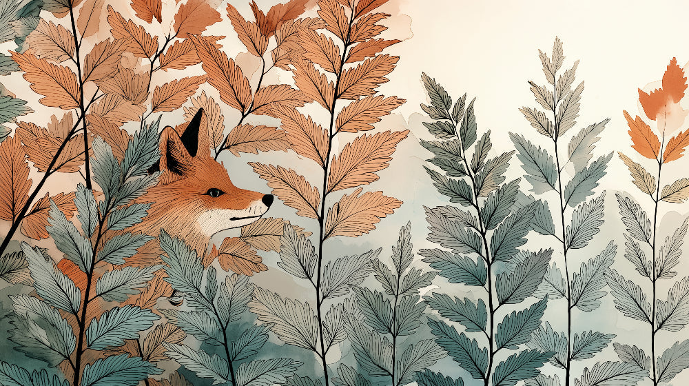 Detailed fox and foliage mural wallpaper design pattern with orange blue nature theme by Kids-Mundo
