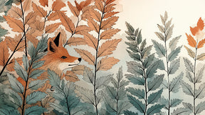 Detailed fox and foliage mural wallpaper design pattern with orange blue nature theme by Kids-Mundo