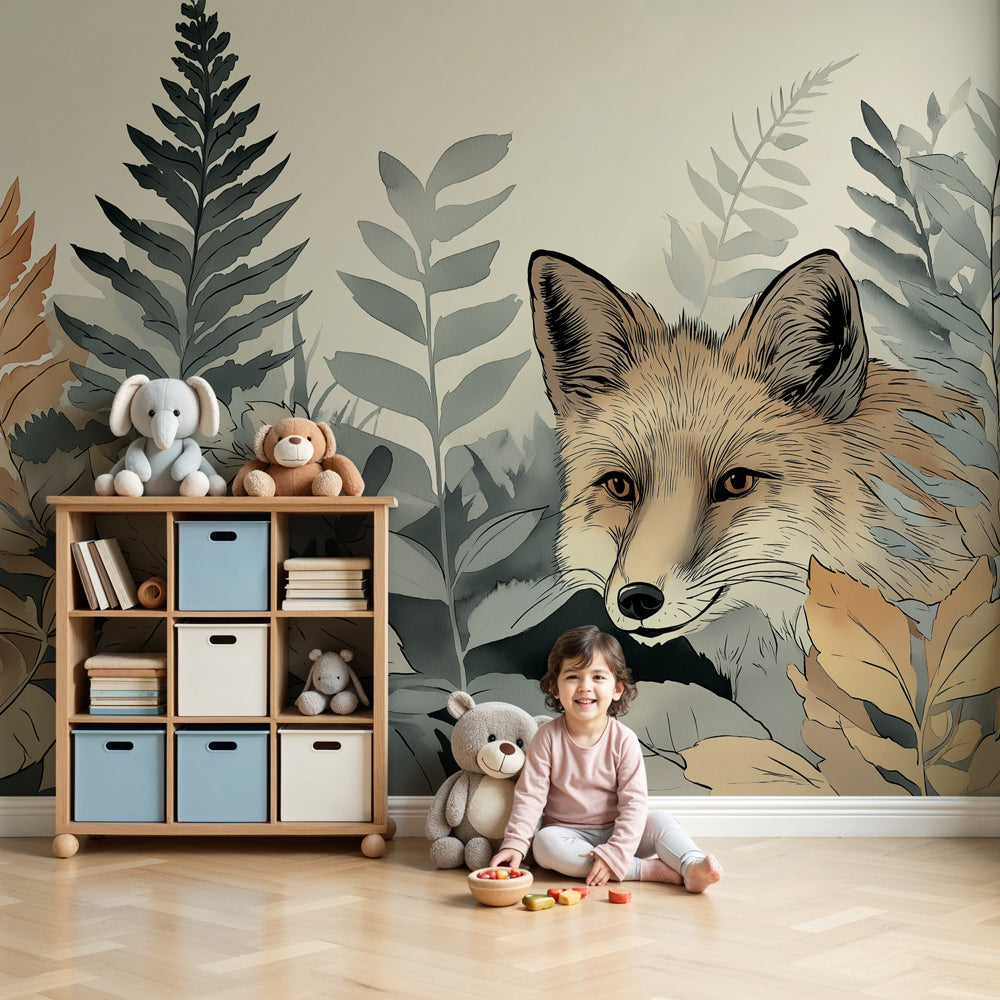 Fox forest mural wallpaper in cozy nursery with natural wood furniture by Kids-Mundo