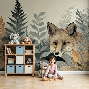 Fox forest mural wallpaper in cozy nursery with natural wood furniture by Kids-Mundo