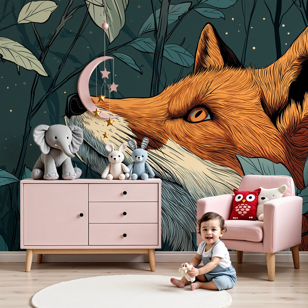 Fox forest mural wallpaper creating magical woodland nursery decor with curious orange fox by Kids-Mundo