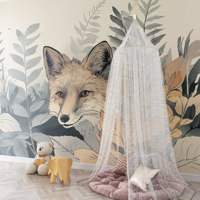 Forest animal mural wallpaper with curious fox design in bright children's playroom setting