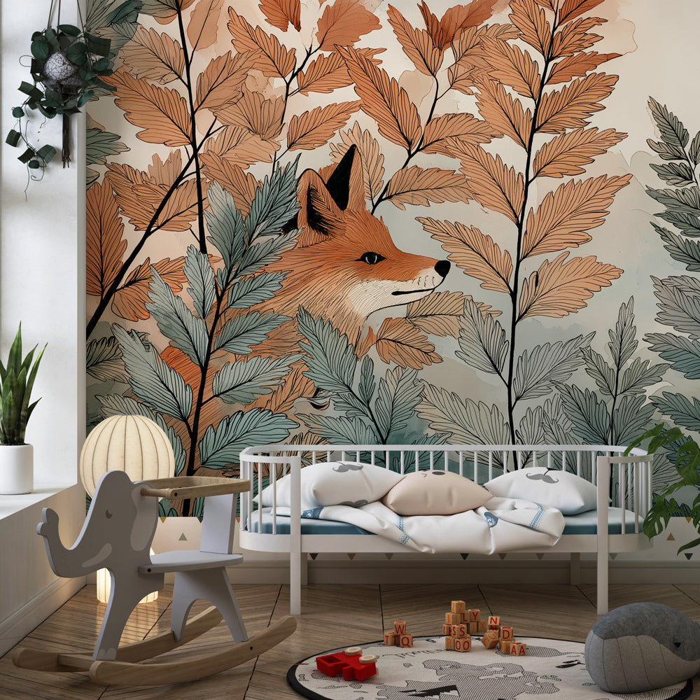 Orange and blue fox mural wallpaper transforming kids playroom into forest hideaway