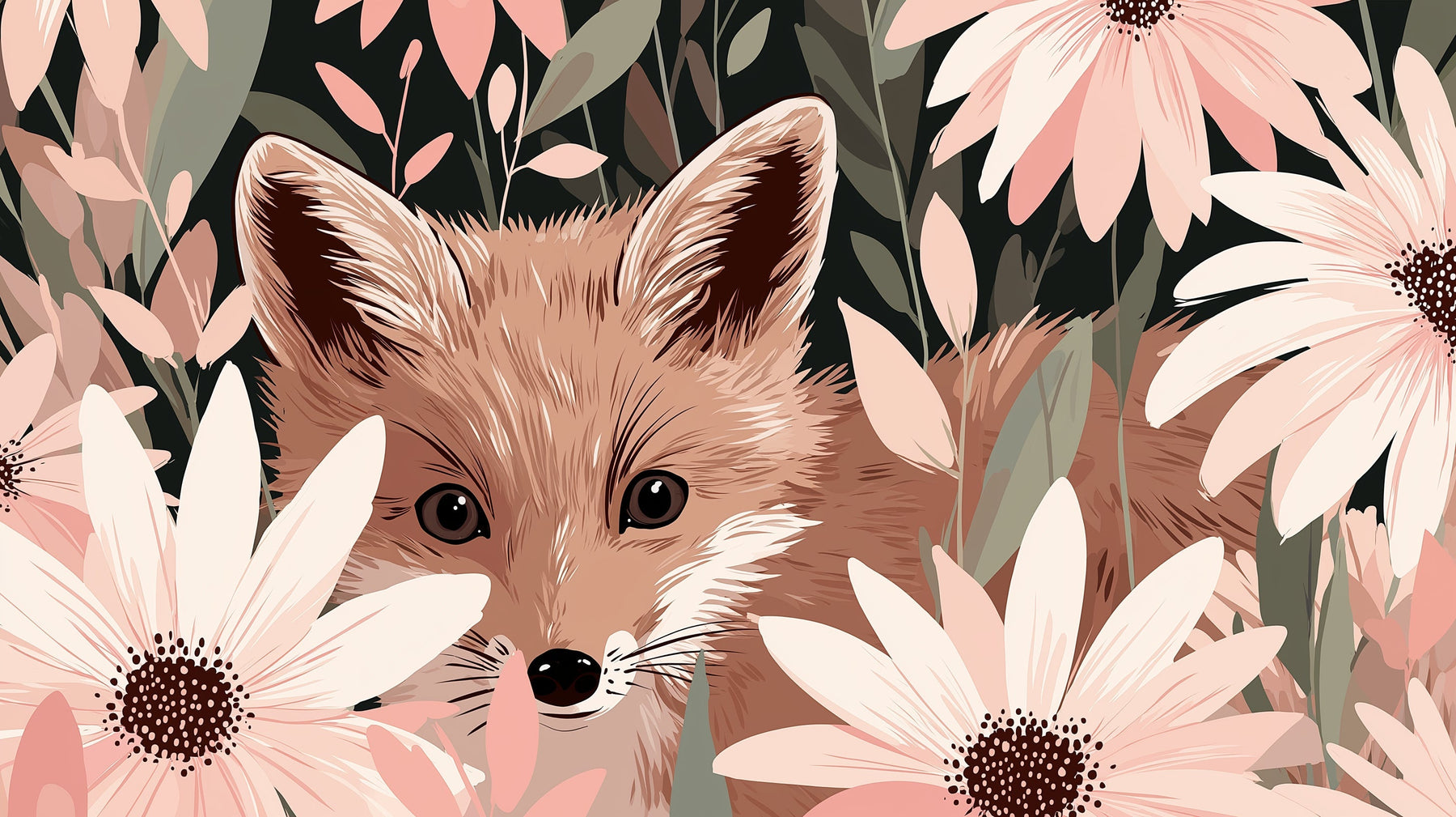 Detailed fox and pink flowers mural wallpaper design pattern by Kids-Mundo
