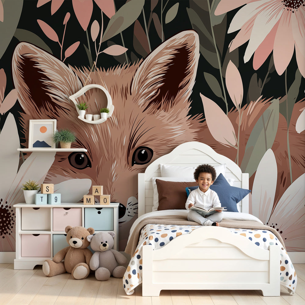 Fox garden mural wallpaper in modern nursery with pink floral design by Kids-Mundo