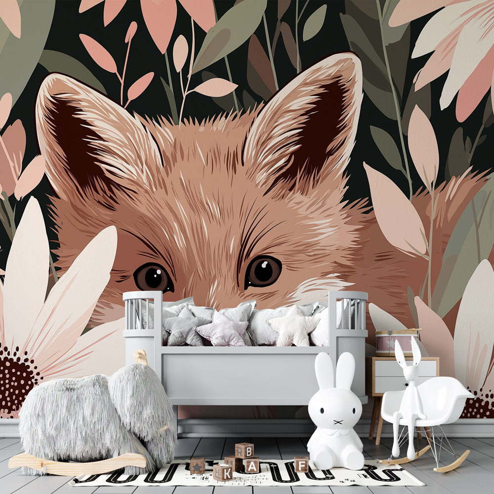 Nature themed fox wallpaper transforming kids playroom into magical garden space