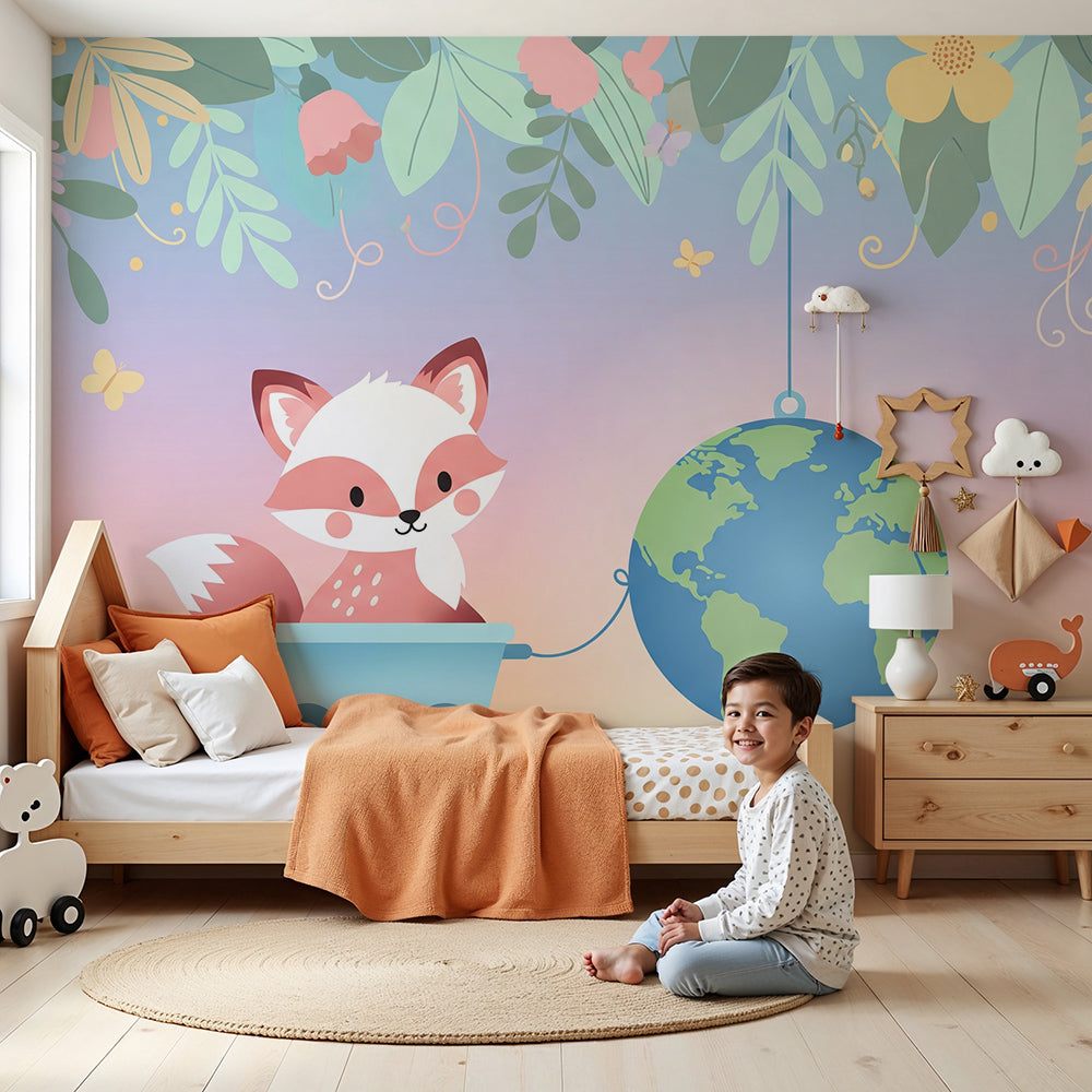 Kids-Mundo fox and globe wall mural made to measure in a pastel baby nursery room