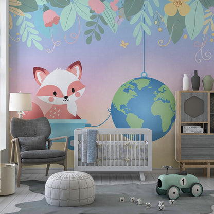 Kids-Mundo fox and globe wall mural made to measure, styled on a bright playroom wall