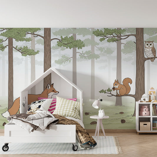Kids-Mundo fox, squirrel and owl mural on a child's bedroom wall beside a single bed