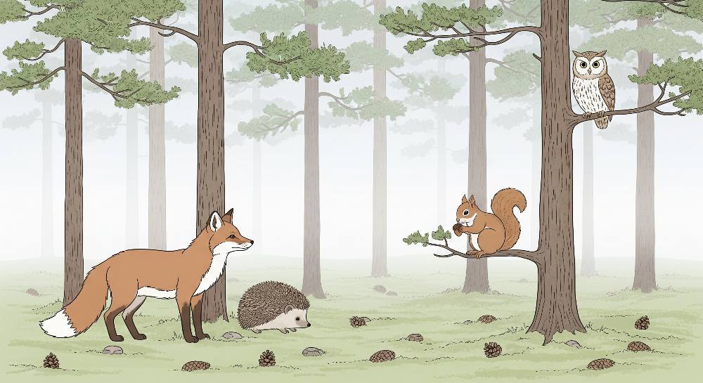 Kids-Mundo flat artwork of a fox, hedgehog, squirrel and owl in a misty pine forest design