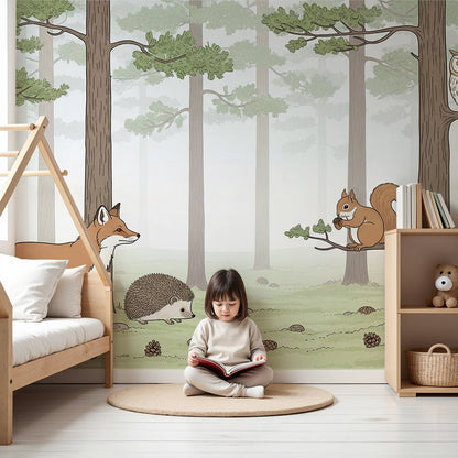 Kids-Mundo woodland fox and hedgehog wall mural in a calm nursery with cot and soft green tones