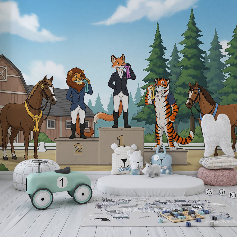 Kids-Mundo horse show wall mural with fox, lion and tiger styled on a kids bedroom wall