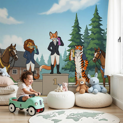 Kids-Mundo fox, lion and tiger horse show wall mural shown behind a cot in a nursery