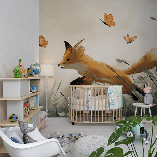 Kids-Mundo fox and wildflower meadow mural styled in a fun kids bedroom