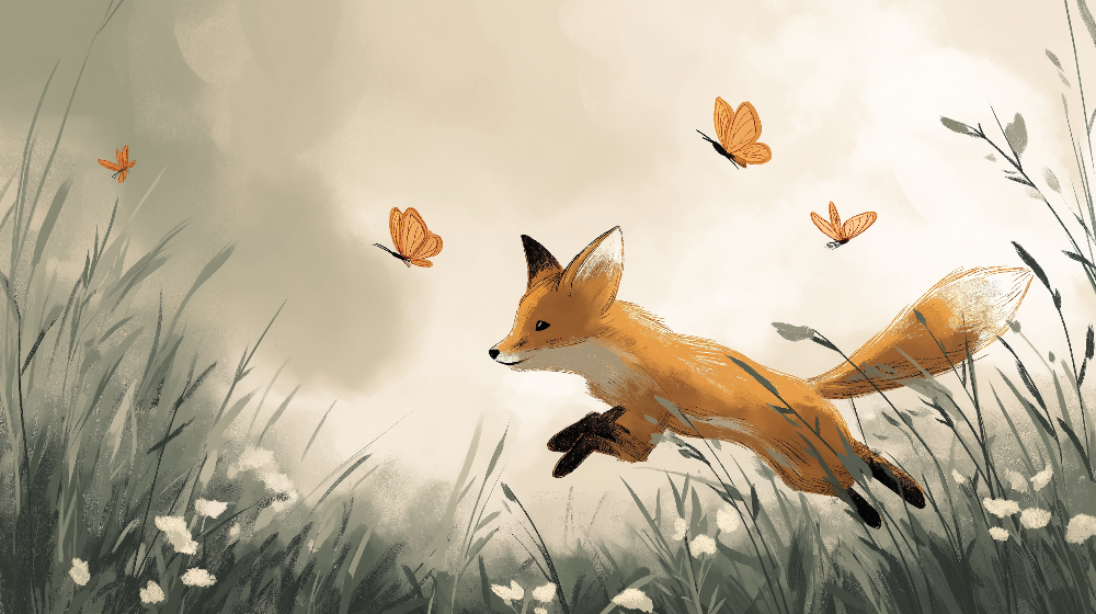 Kids-Mundo flat artwork of a fox leaping through a flowery meadow for this wall mural