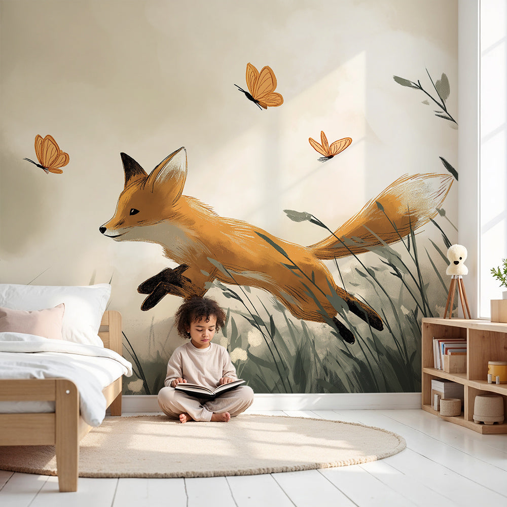 Kids-Mundo playful fox wall mural with butterflies in a bright, modern nursery