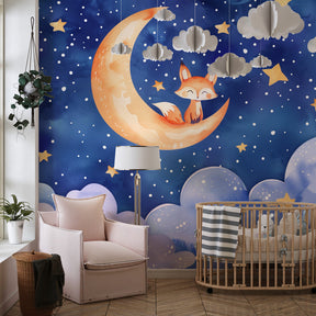 Dreamy fox on moon wallpaper in soft blue nursery setting with celestial theme by Kids-Mundo