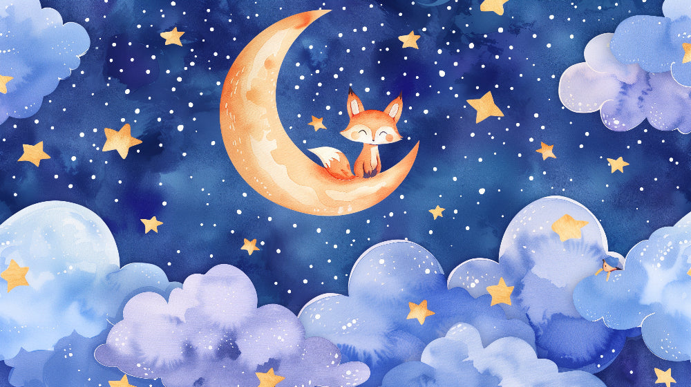 Detailed fox on moon mural wallpaper design pattern with stars and clouds by Kids-Mundo